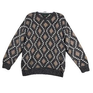 Embassy Row Sweater Mens Large Pullover Gray Cream Geometric Vintage‎ Cabincore